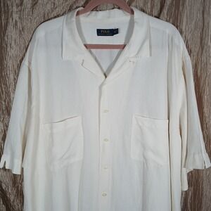 Polo Ralph Lauren Shirt Loop Collar Button Camp Men's 3XLT Beige Linen Silk SS